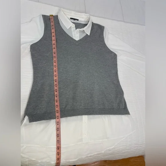 Adrianna Papell Gray V-Neck Sweater Vest with White Shirt - Picture 6 of 9